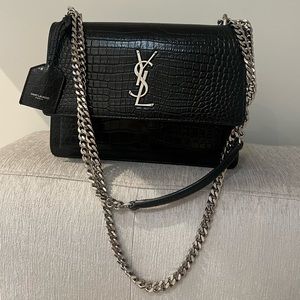 Saint Laurent Sunset Medium Chain Bag in Crocodile-embossed Shiny Leather